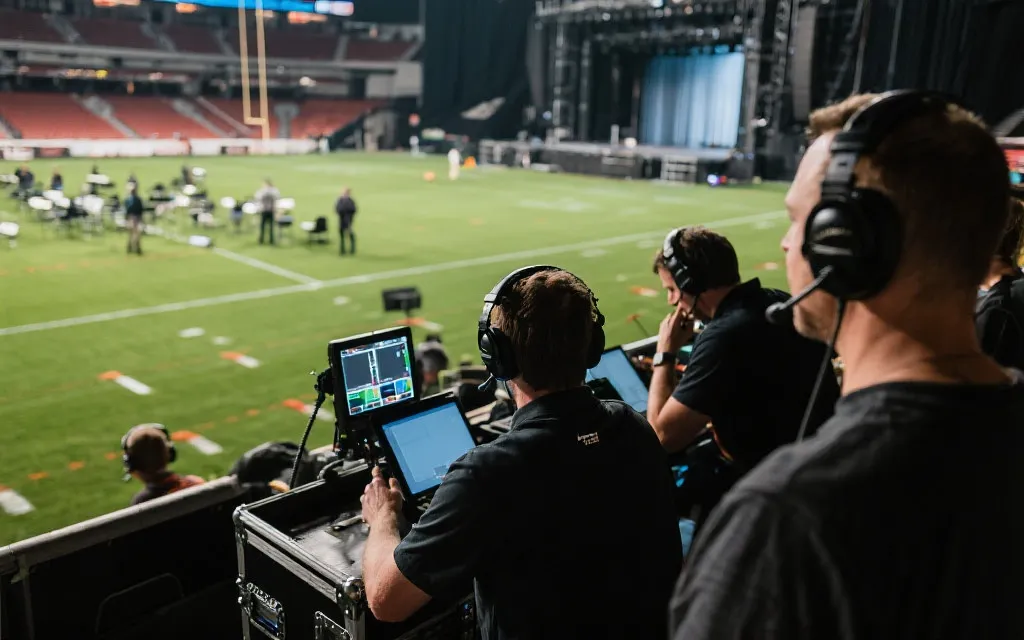 赛前仪式彩排现场的安全与转播协同，工作人员在场边对讲与监看屏幕